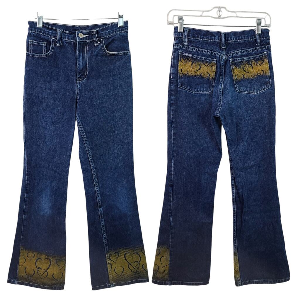 Jordache Vintage Blue Jeans Embellished Gold Hearts Metallic Boot Cut Flare 12